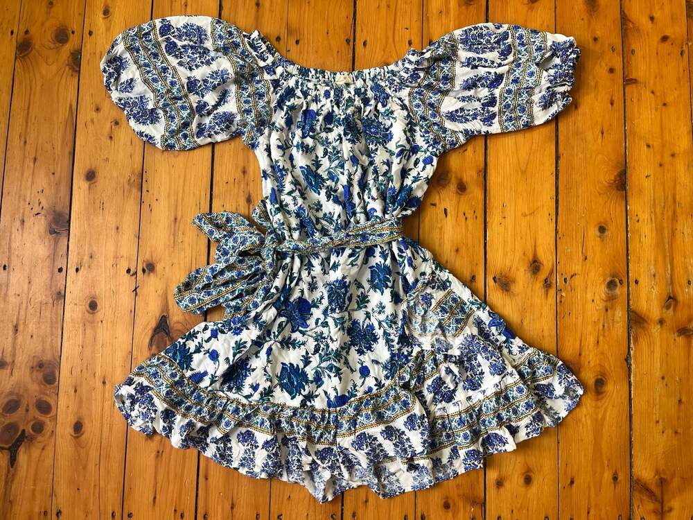 Nicole Miller Blue and White Floral Off-the-Shoulder Puff Sleeve Ruffle Dress
